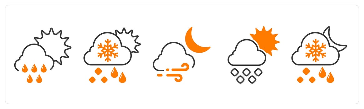 A set of 5 mix icons as rainy day, snowfall, wind in orange color vector