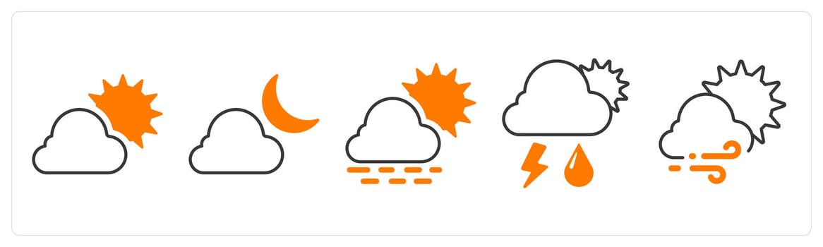 A set of 5 mix icons as cloudy day, night, sunny day in orange color vector