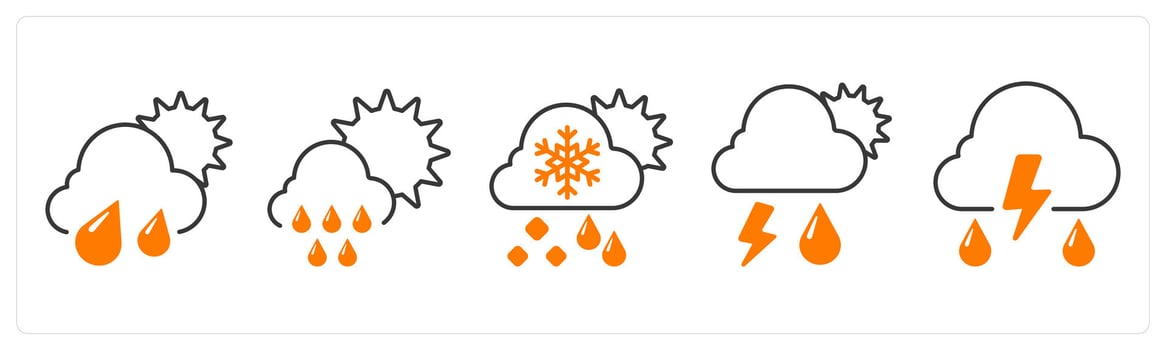A set of 5 mix icons as rainy day, snowfall, storm in orange color vector