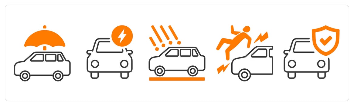 A set of 5 mix icons as car insurance, fast claim, car accident in orange color vector