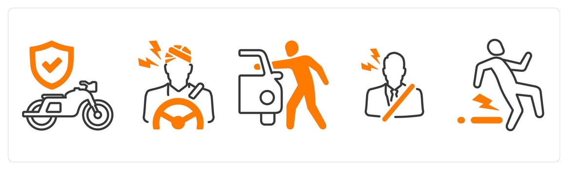 A set of 5 mix icons as motorcycle insurance, driver injury, theft insurance in orange color vector