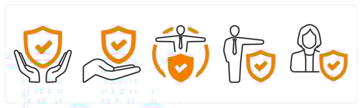 A set of 5 mix icons as insurance protection, insured person, employement insurance in orange color vector