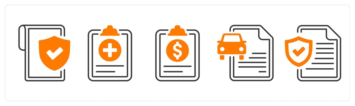 A set of 5 mix icons as insurance policy document, insurance cover, issurance claim in orange color vector