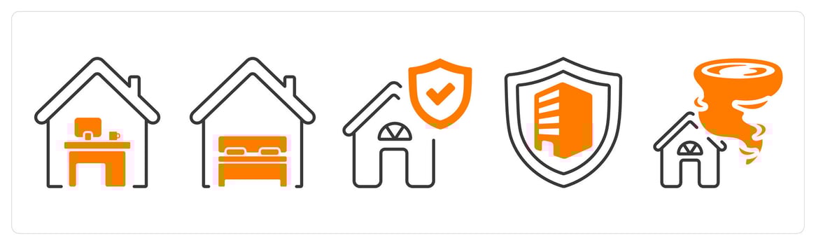 A set of 5 mix icons as personal insurance, property insurance, house protection insurance in orange color vector