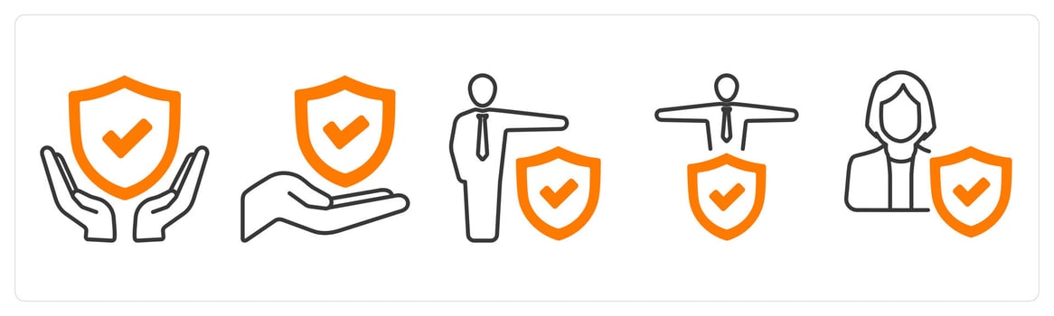 A set of 5 mix icons as insurance protection, employement insurance, insured person in orange color vector