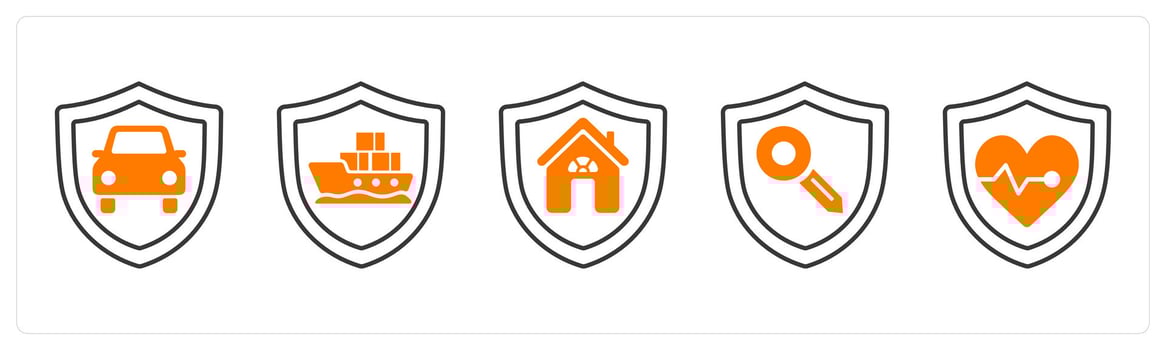 A set of 5 mix icons as car insurance, marine insurance, property insurance in orange color vector