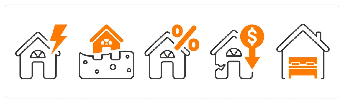 A set of 5 mix icons as thunderstrom insurance, flood insurance, home loan interest rate in orange color vector