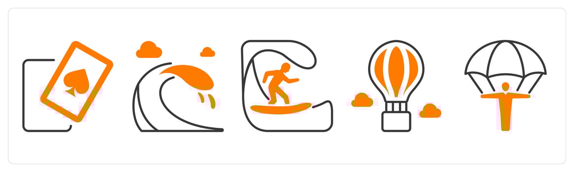 A set of 5 mix icons as cards, waves, surfing in orange color vector
