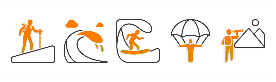 A set of 5 mix icons as hiking, waves, surfing in orange color vector