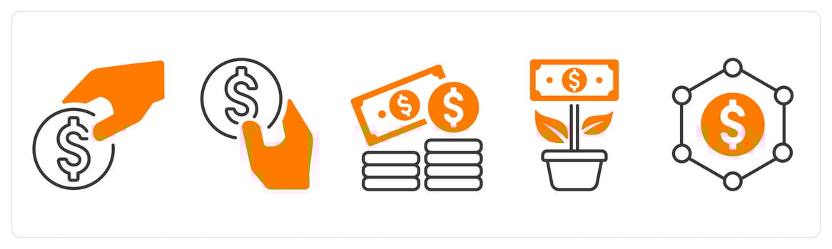 A set of 5 mix icons as finance, fundraising, money plant in orange color vector