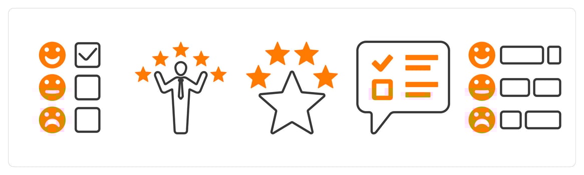 A set of 5 mix icons as feedback survey, customer satisfaction, premium rating in orange color vector