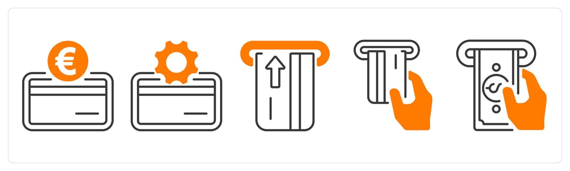 A set of 5 mix icons as credit card, car settings, insert card in orange color vector