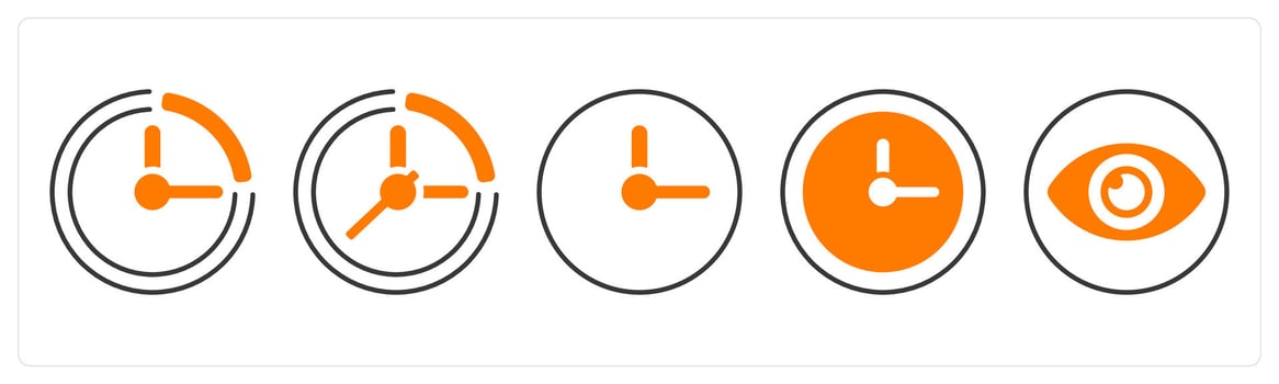A set of 5 mix icons as time, clock, watch in orange color vector