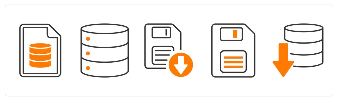 A set of 5 mix icons as server document, database server, download floppy in orange color vector