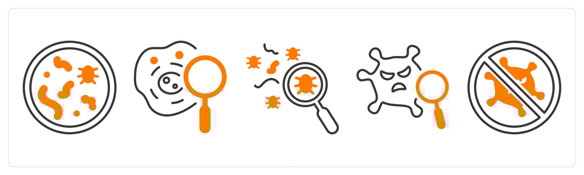 A set of 5 mix icons as bacteria, biochemistry, search infection in orange color vector