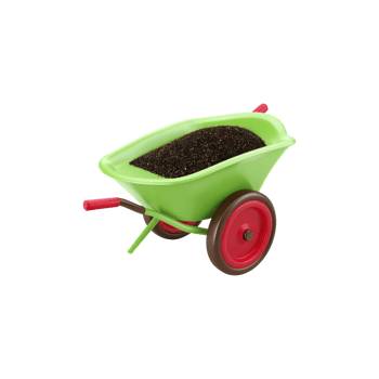 Green Toy Wheelbarrow Filled With Soil. Gardening And Outdoor Play For Children Isolated On Transparent Background png