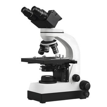 Detailed view of a white laboratory microscope with black accents isolated on transparent background png