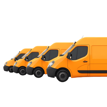 Row of bright orange delivery vans lined up side by side isolated on transparent background png