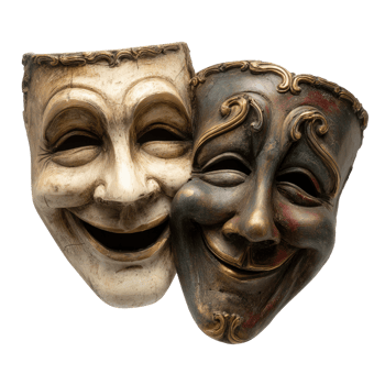 Comedy and Tragedy Masks Close Up on Transparent Background comedy png