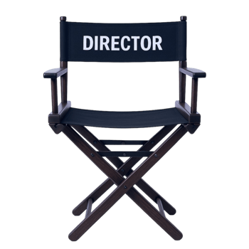 Director's chair with a dark wood frame and black canvas seat on transparent background png