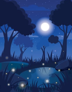 Magical Night Forest with Fireflies and Moonlit Pond vector