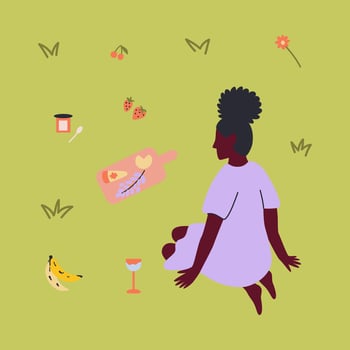 Girl on a picnic in summer park with wine and cheese. Holidays activity at relaxed place. Cartoon illustration vector