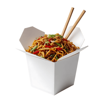 Delicious noodles in a takeout box ready to eat with chopsticks png