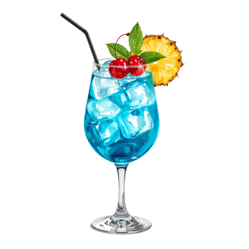 Refreshing blue lagoon cocktail adorned with vibrant cherries and pineapple slice on clear stemware png