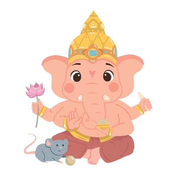 Cute Ganesha with mouse and flower vector
