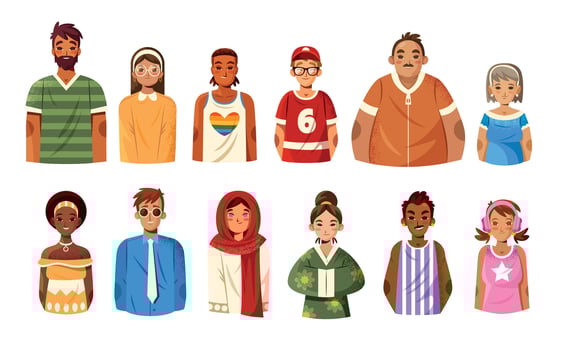Diverse cartoon characters representing various backgrounds vector