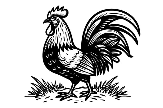 Crow rooster illustration, black and white line drawing farm cockerel bird, vintage rural animal graphic vector