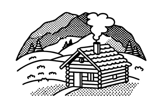 Cozy wooden cabin with smoking chimney in mountain landscape hand drawn rural scene, nature retreat illustration vector