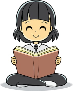 smiling school girl with short hair sitting cross-legged and reading a book. flat cartoon vector