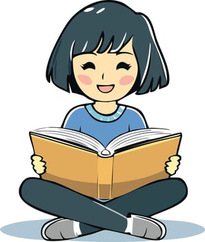 Happy smiling girl with short hair sitting cross-legged and reading a book. flat cartoon vector