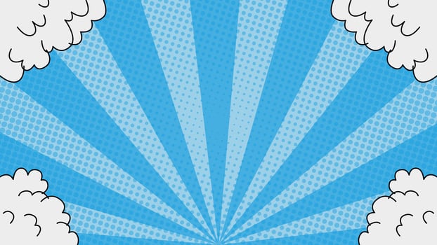 Halftone sunray style blue comic background with clouds on the edge. Suitable for comics, prints, posters, etc. vector