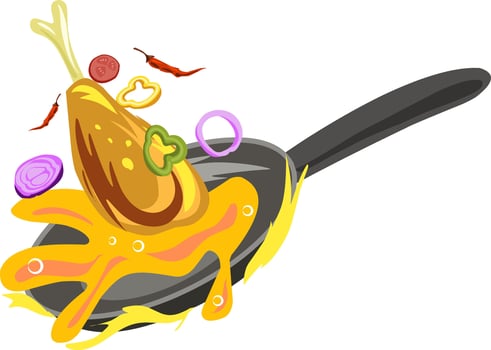 Chicken in frying pan vector