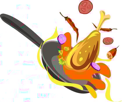 Chicken and vegetables being tossed in pan cooking illustration vector