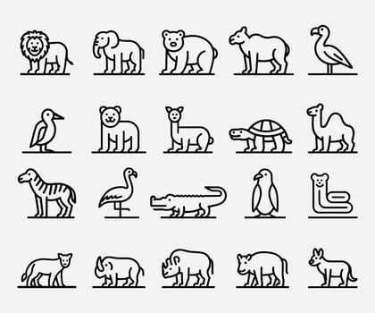 A set of animal icons in outline style on a light background . vector