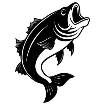 Black and white illustration of a jumping bass fish vector