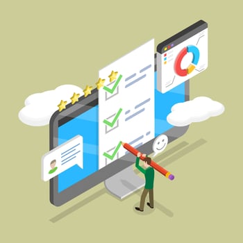 Person reviewing feedback on a computer vector