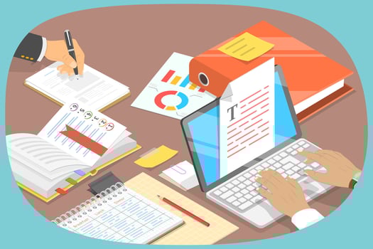 Office workspace with laptop and documents vector