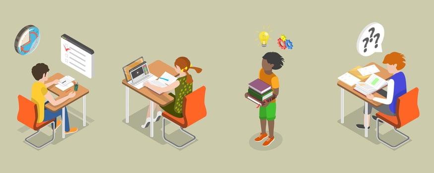 Students working at desks with books vector