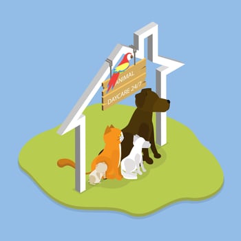 Pets outside an animal daycare building vector
