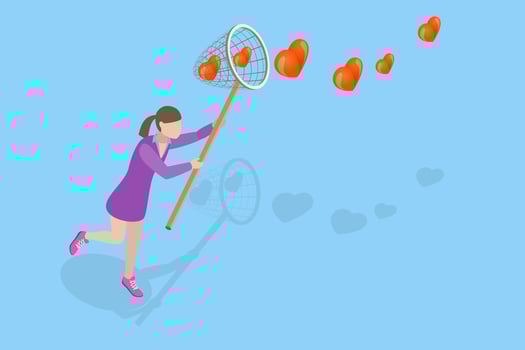 Girl catching hearts with a net vector
