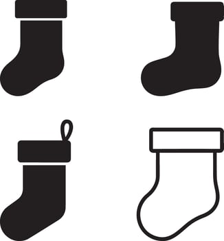 Festive christmas stocking set in flat black decorative bundle Silhouette illustration collection vector
