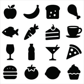 Collection of food and drink silhouettes isolated on white background vector