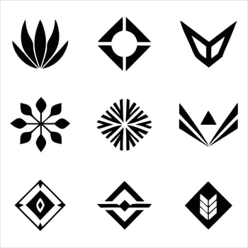 Collection of nine geometric abstract symbols and icons silhouette isolated on white background vector