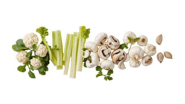 Freshly arranged organic cauliflower, celery, mushrooms and garlic with neutral backdrop png