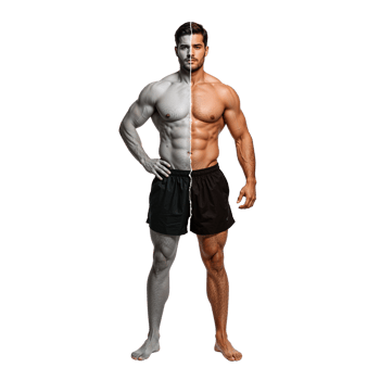 Muscular physique showcasing physical transformation and health, standing tall against the png