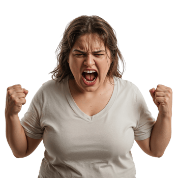 Expressive woman conveying intense emotion and frustration in a studio setting with an isolated png